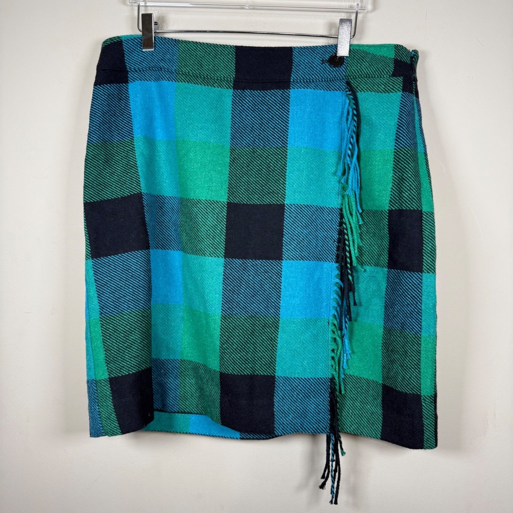 Talbots Green/Blue Plaid Wool Blend Skirt Size 14 Office Career